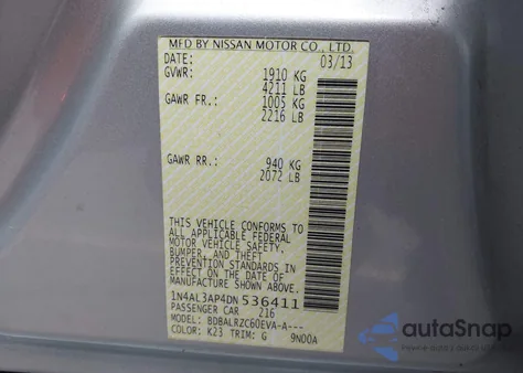 2013 Nissan Altima 2.5 S z USA, uszkodzony, nr VIN 1N4AL3AP4DN536411